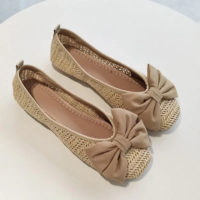 2023 Metal Decoration Shallow Loafers Women Weave Ballet Flats Casual Square Toe Boat Shoes Slip On Moccasin Comfort Walk Shoes