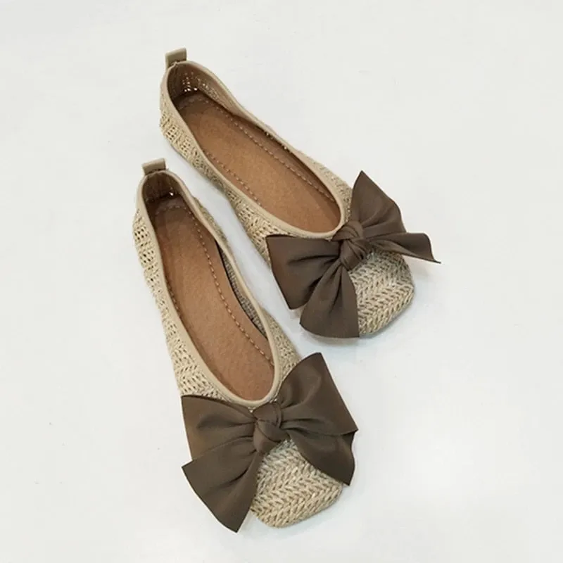 2023 Metal Decoration Shallow Loafers Women Weave Ballet Flats Casual Square Toe Boat Shoes Slip On Moccasin Comfort Walk Shoes