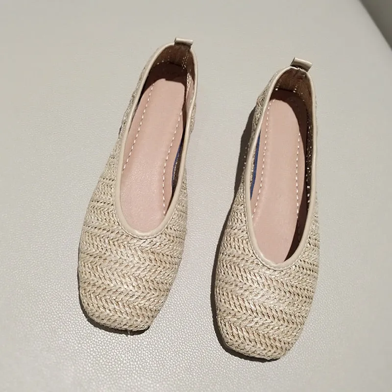 2023 Metal Decoration Shallow Loafers Women Weave Ballet Flats Casual Square Toe Boat Shoes Slip On Moccasin Comfort Walk Shoes