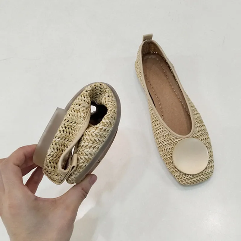 2023 Metal Decoration Shallow Loafers Women Weave Ballet Flats Casual Square Toe Boat Shoes Slip On Moccasin Comfort Walk Shoes