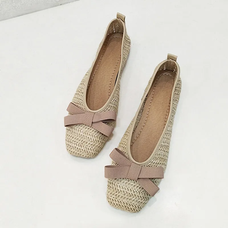 2023 Metal Decoration Shallow Loafers Women Weave Ballet Flats Casual Square Toe Boat Shoes Slip On Moccasin Comfort Walk Shoes