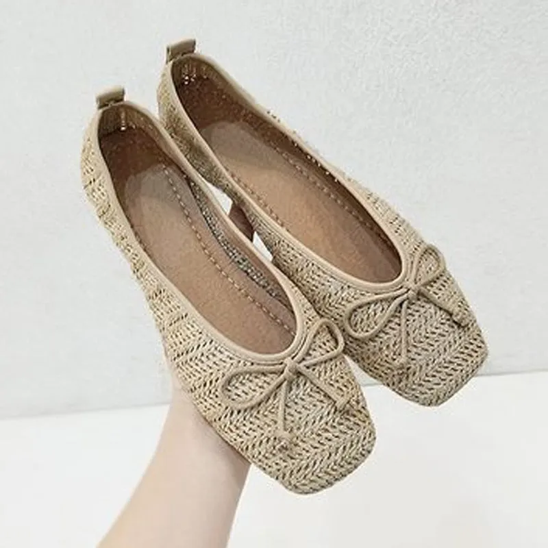 2023 Metal Decoration Shallow Loafers Women Weave Ballet Flats Casual Square Toe Boat Shoes Slip On Moccasin Comfort Walk Shoes