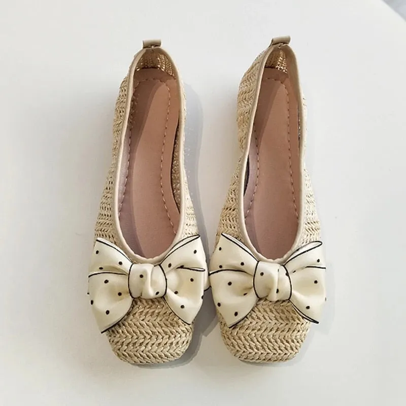 2023 Metal Decoration Shallow Loafers Women Weave Ballet Flats Casual Square Toe Boat Shoes Slip On Moccasin Comfort Walk Shoes