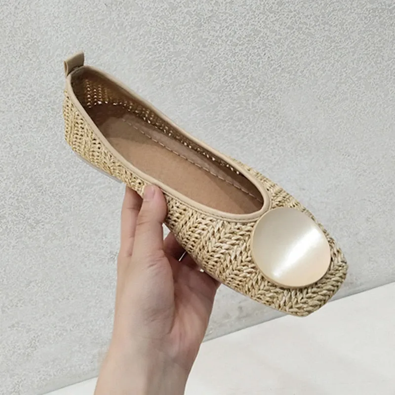 2023 Metal Decoration Shallow Loafers Women Weave Ballet Flats Casual Square Toe Boat Shoes Slip On Moccasin Comfort Walk Shoes