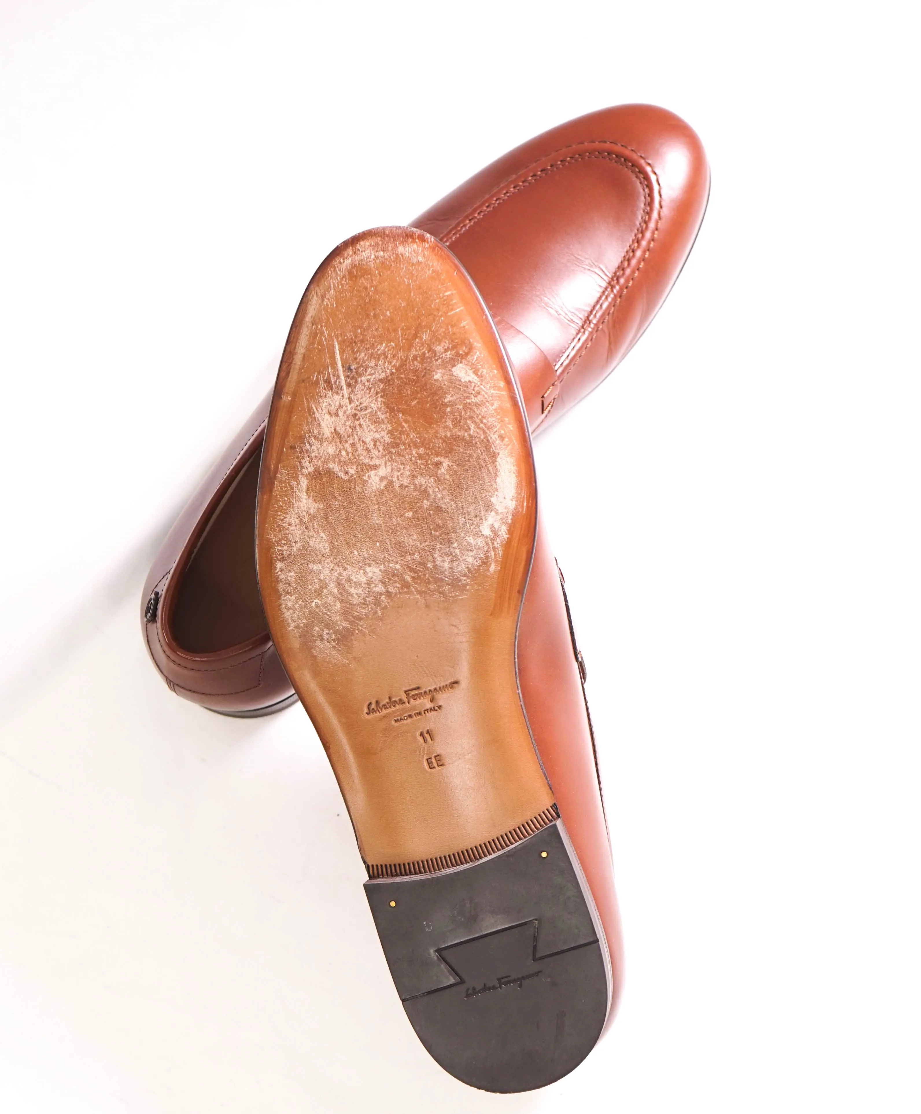 $895 SALVATORE FERRAGAMO - “GOYA" Brown Gancini Loafers - 11 EE