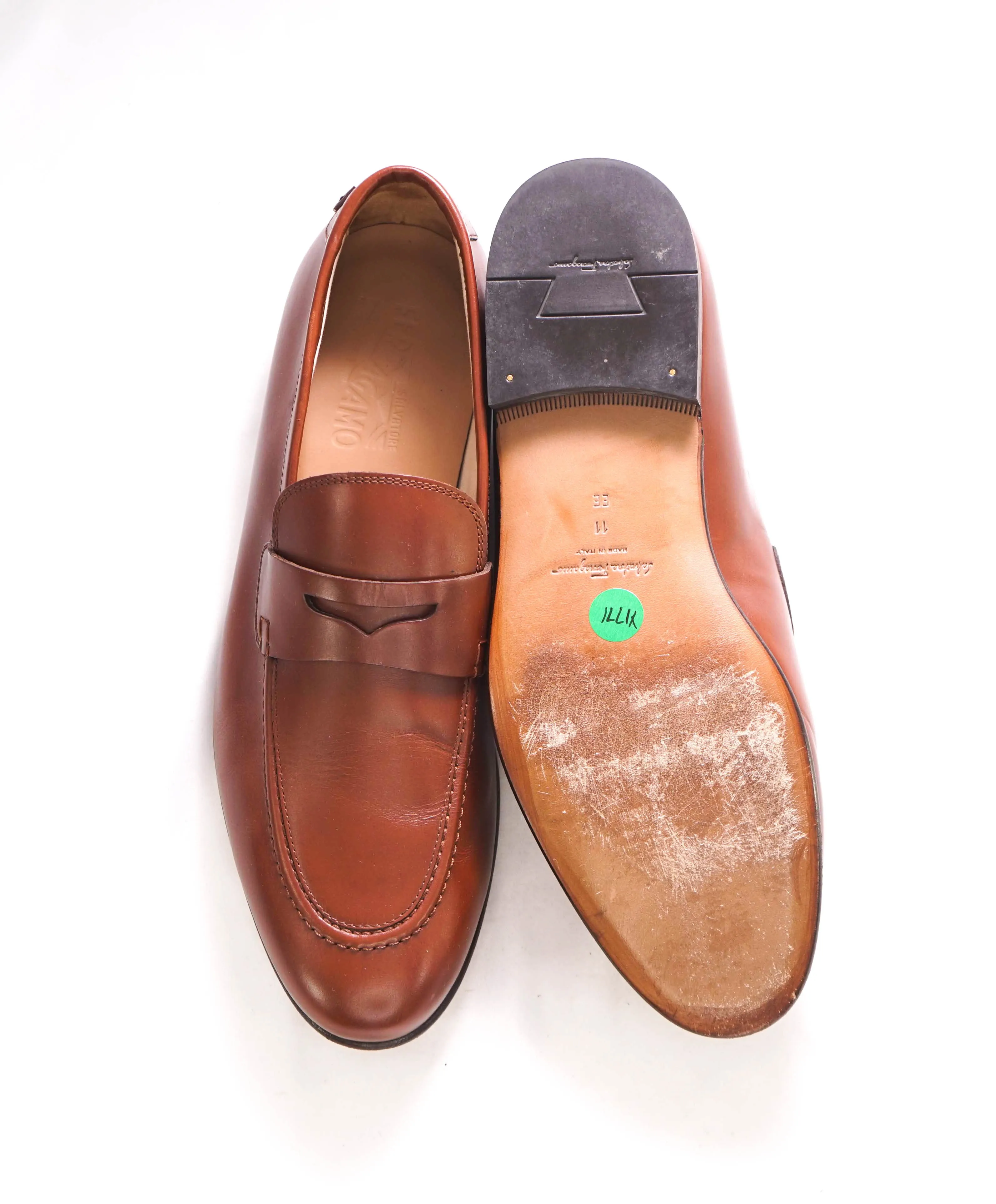 $895 SALVATORE FERRAGAMO - “GOYA" Brown Gancini Loafers - 11 EE