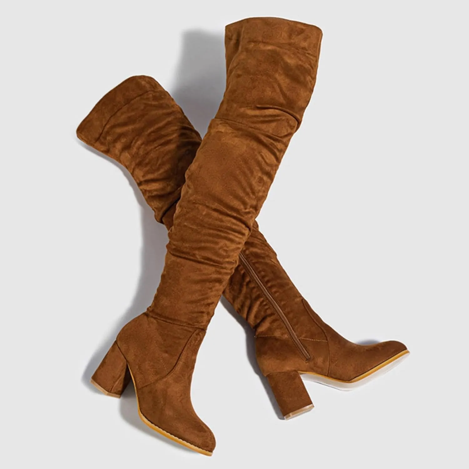Boots For Women Square Heel Over Knee Boots Suede Zipper Thigh High Boots Chunky Heeled Tall Long Boots