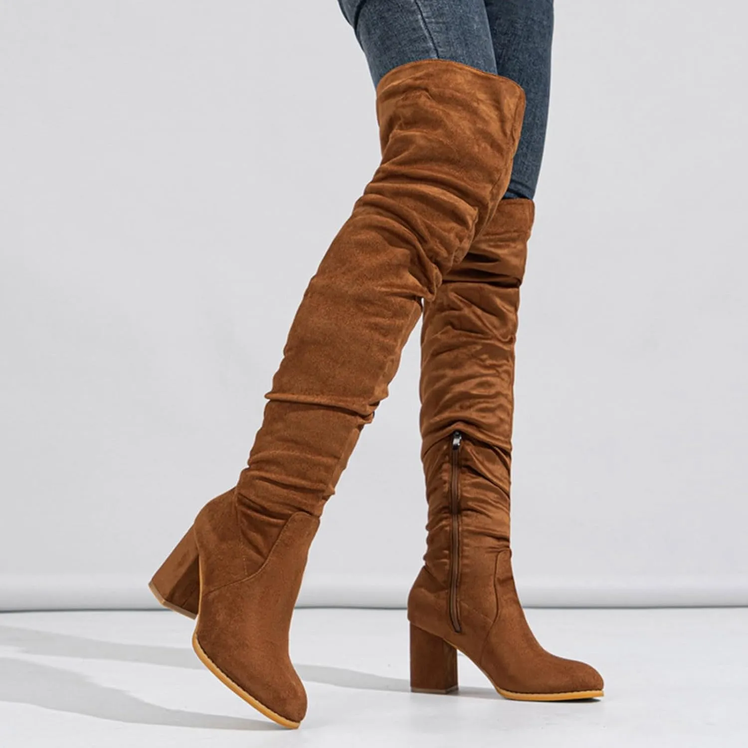 Boots For Women Square Heel Over Knee Boots Suede Zipper Thigh High Boots Chunky Heeled Tall Long Boots
