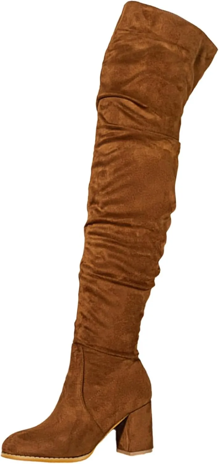 Boots For Women Square Heel Over Knee Boots Suede Zipper Thigh High Boots Chunky Heeled Tall Long Boots