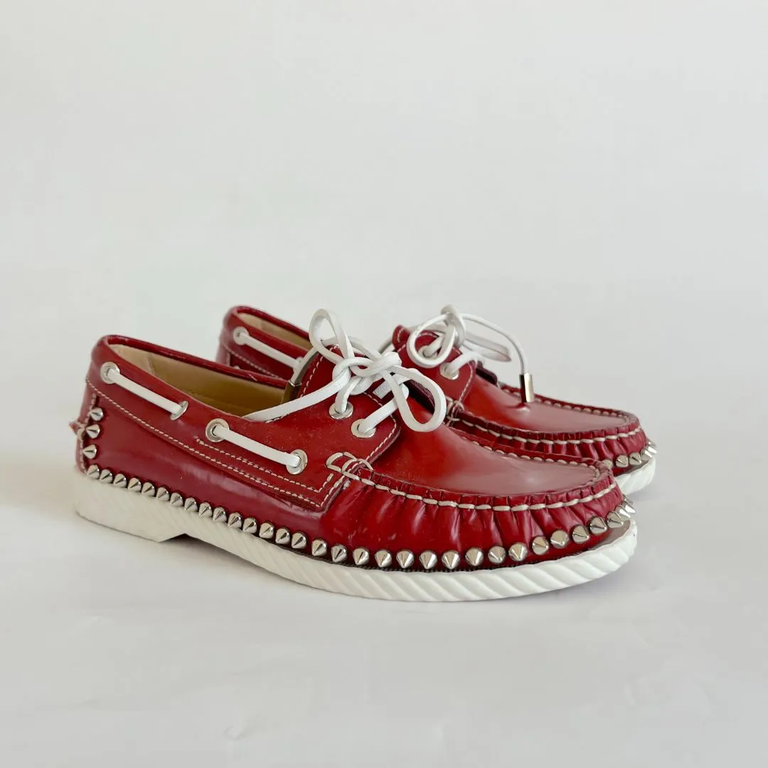 Christian Louboutin Red Leather Spike Boat Shoes, 36.5