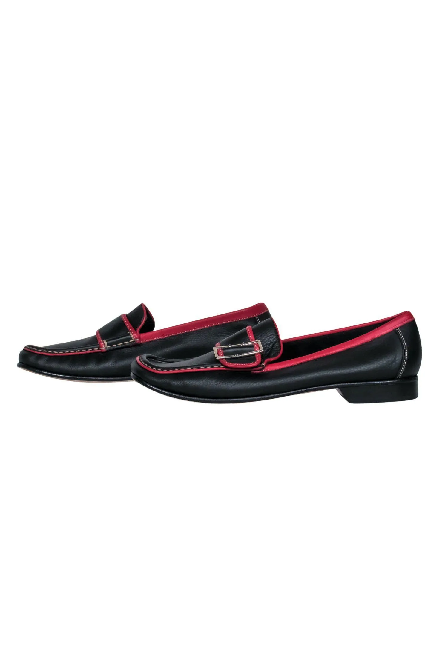 Coach - Black & Red Piped Leather Buckle Loafers Sz 9