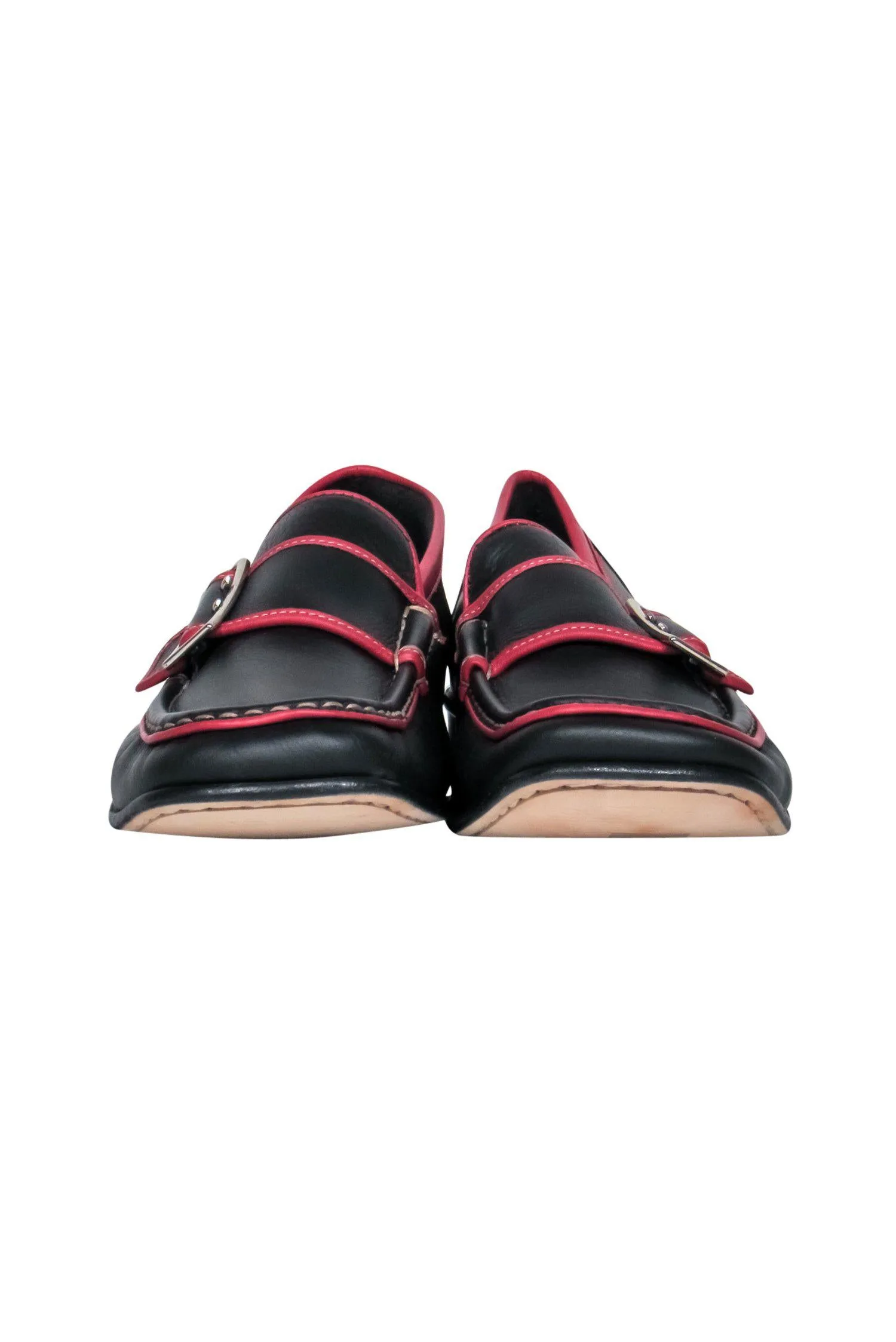 Coach - Black & Red Piped Leather Buckle Loafers Sz 9