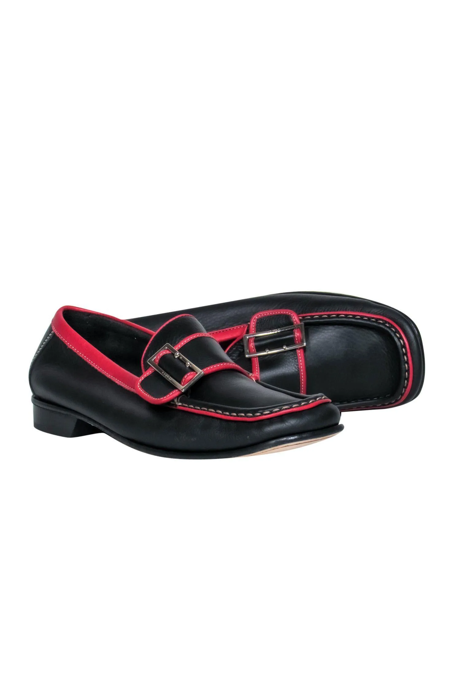 Coach - Black & Red Piped Leather Buckle Loafers Sz 9