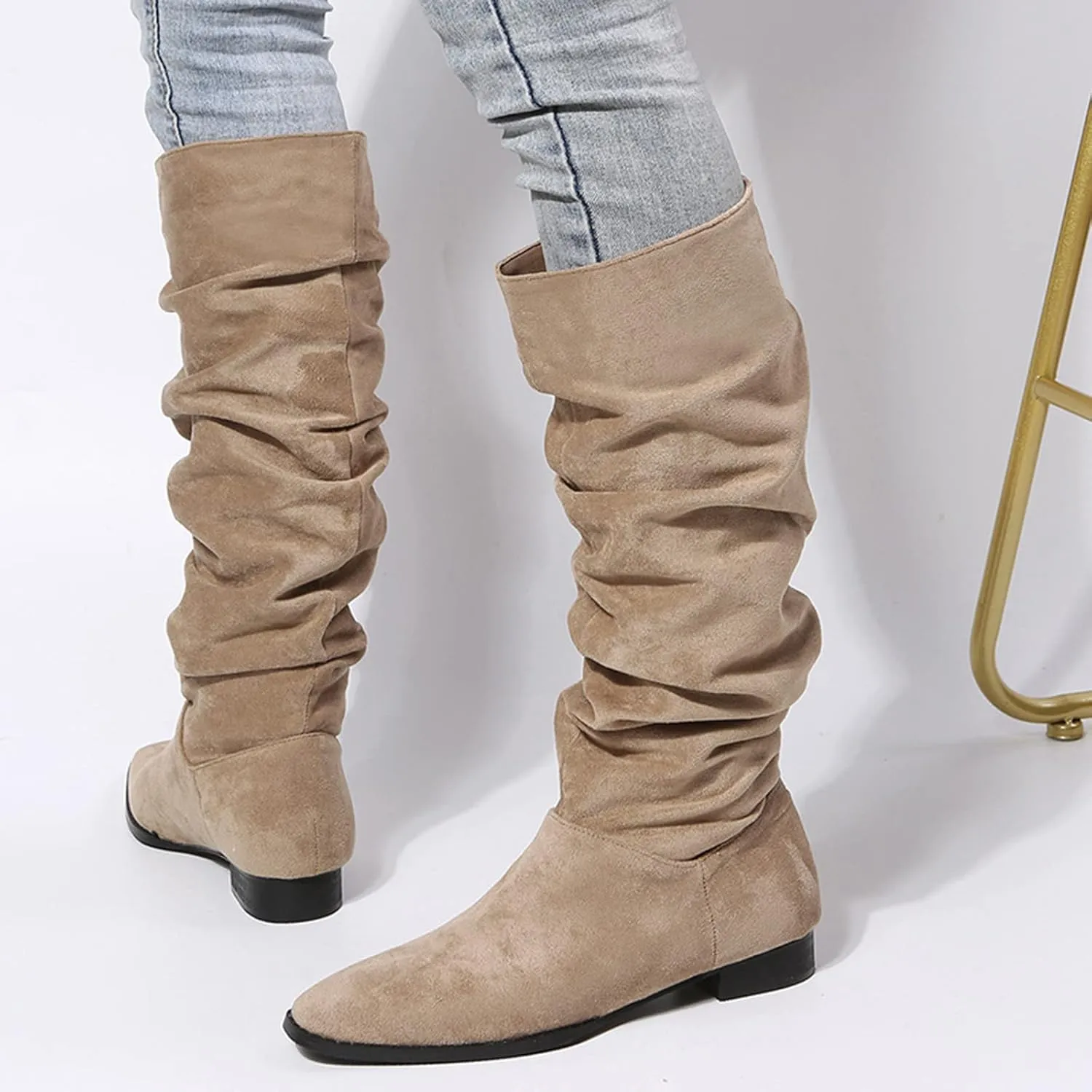 Combat Boots Womens Suede Pleated Thigh High Boots Pull On Knee High Boots Mid Calf Bootie Winter Boots