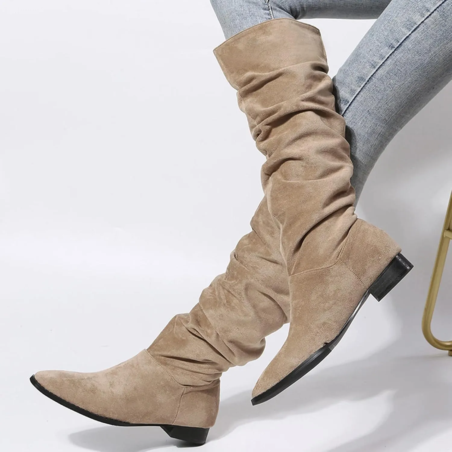 Combat Boots Womens Suede Pleated Thigh High Boots Pull On Knee High Boots Mid Calf Bootie Winter Boots