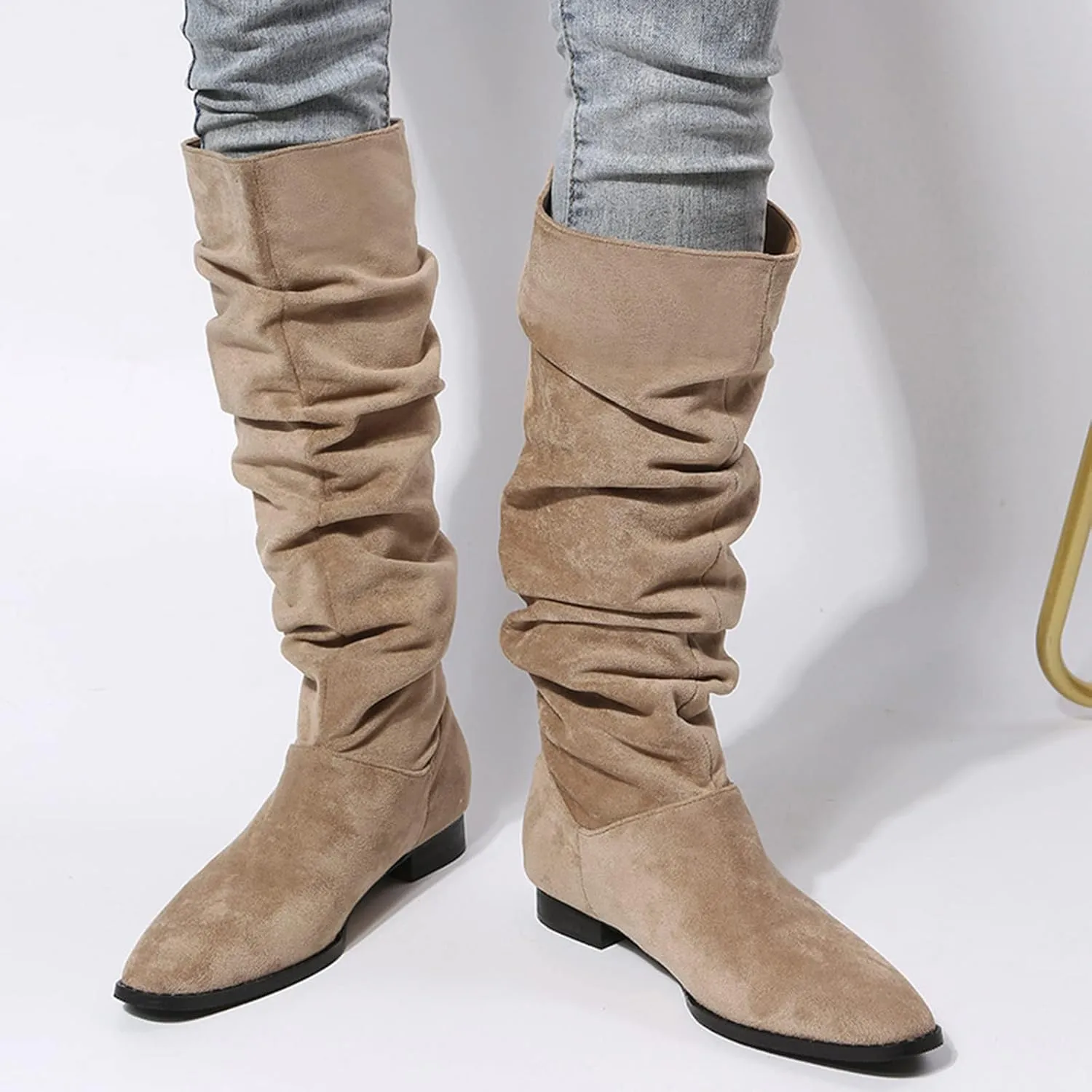 Combat Boots Womens Suede Pleated Thigh High Boots Pull On Knee High Boots Mid Calf Bootie Winter Boots