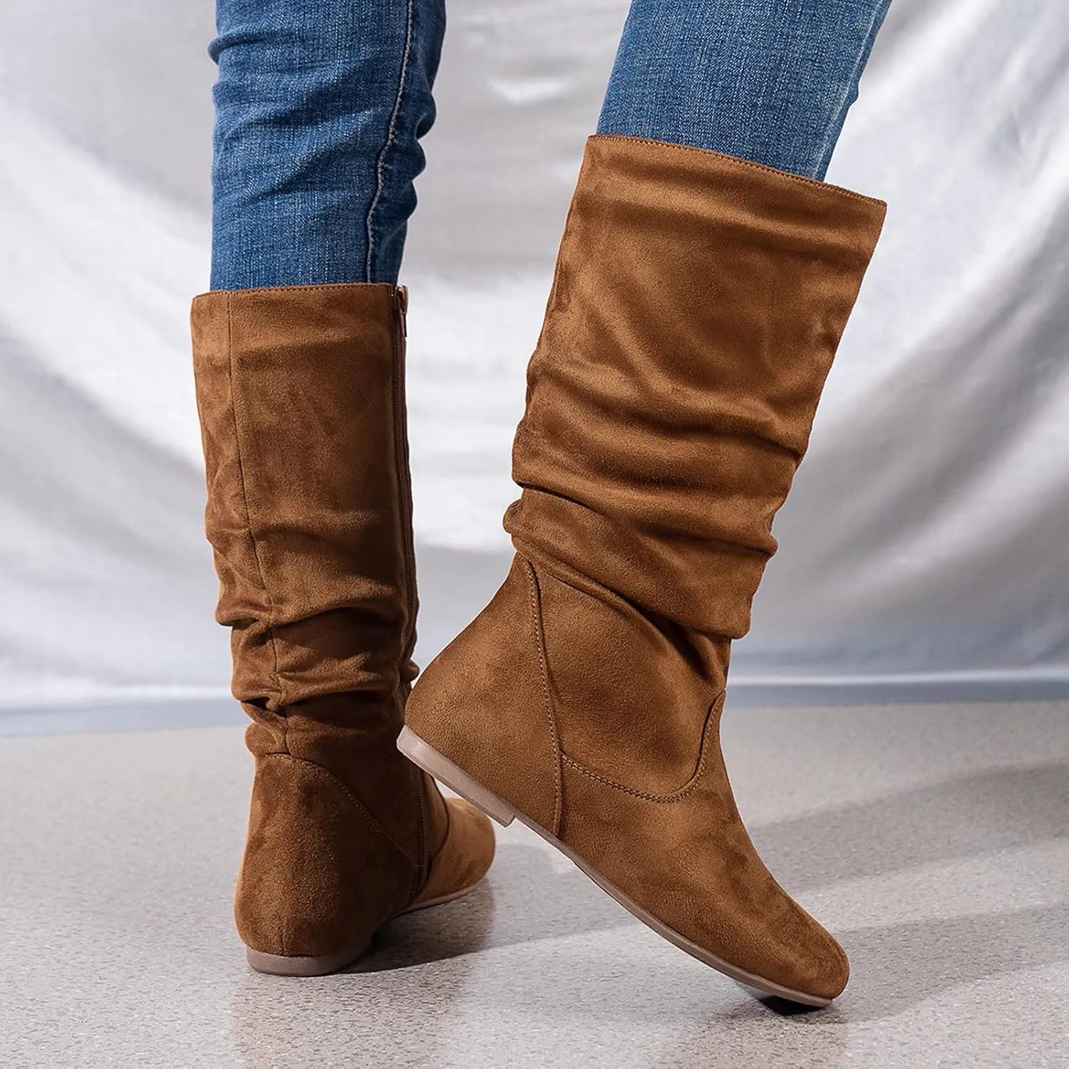 Cowboy Boots For Women Retro Side Zipper Flats Thigh High Boots Pleated Suede Knee High Boots Fall Long Bootie
