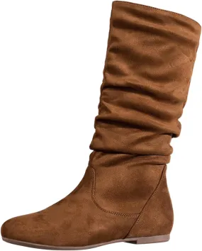 Cowboy Boots For Women Retro Side Zipper Flats Thigh High Boots Pleated Suede Knee High Boots Fall Long Bootie