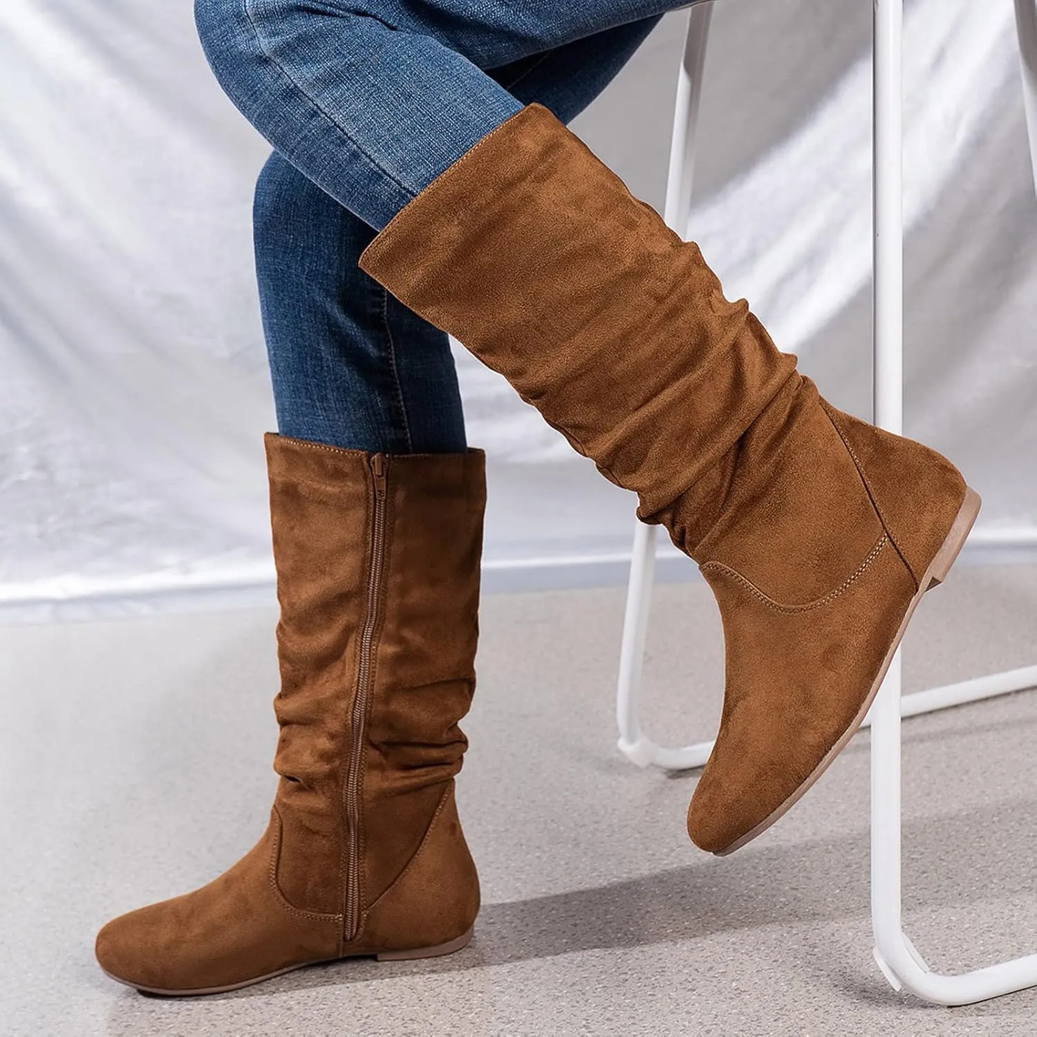 Cowboy Boots For Women Retro Side Zipper Flats Thigh High Boots Pleated Suede Knee High Boots Fall Long Bootie