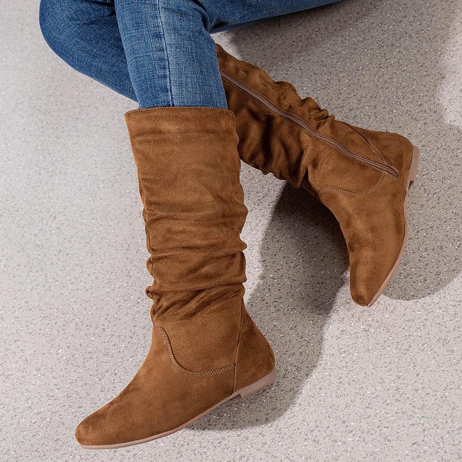 Cowboy Boots For Women Retro Side Zipper Flats Thigh High Boots Pleated Suede Knee High Boots Fall Long Bootie