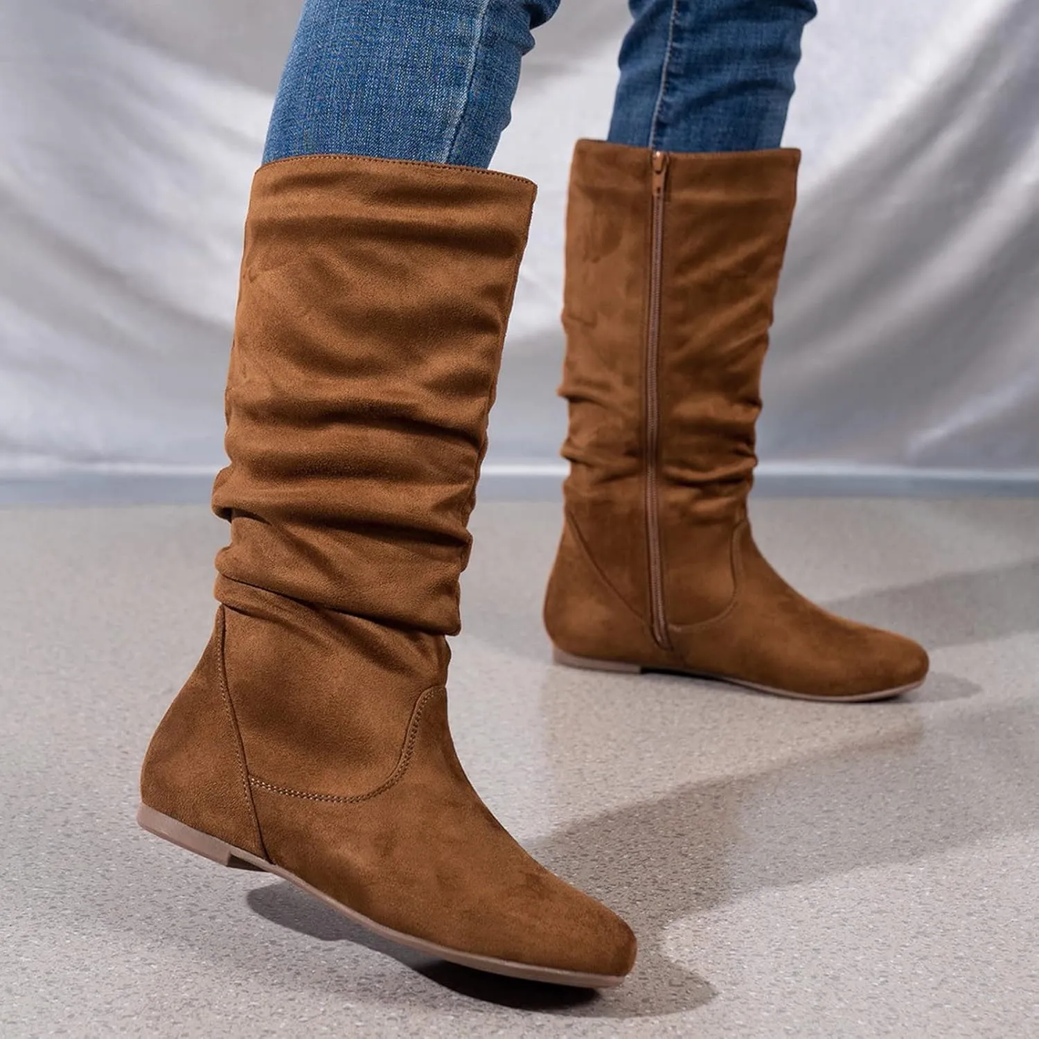 Cowboy Boots For Women Retro Side Zipper Flats Thigh High Boots Pleated Suede Knee High Boots Fall Long Bootie