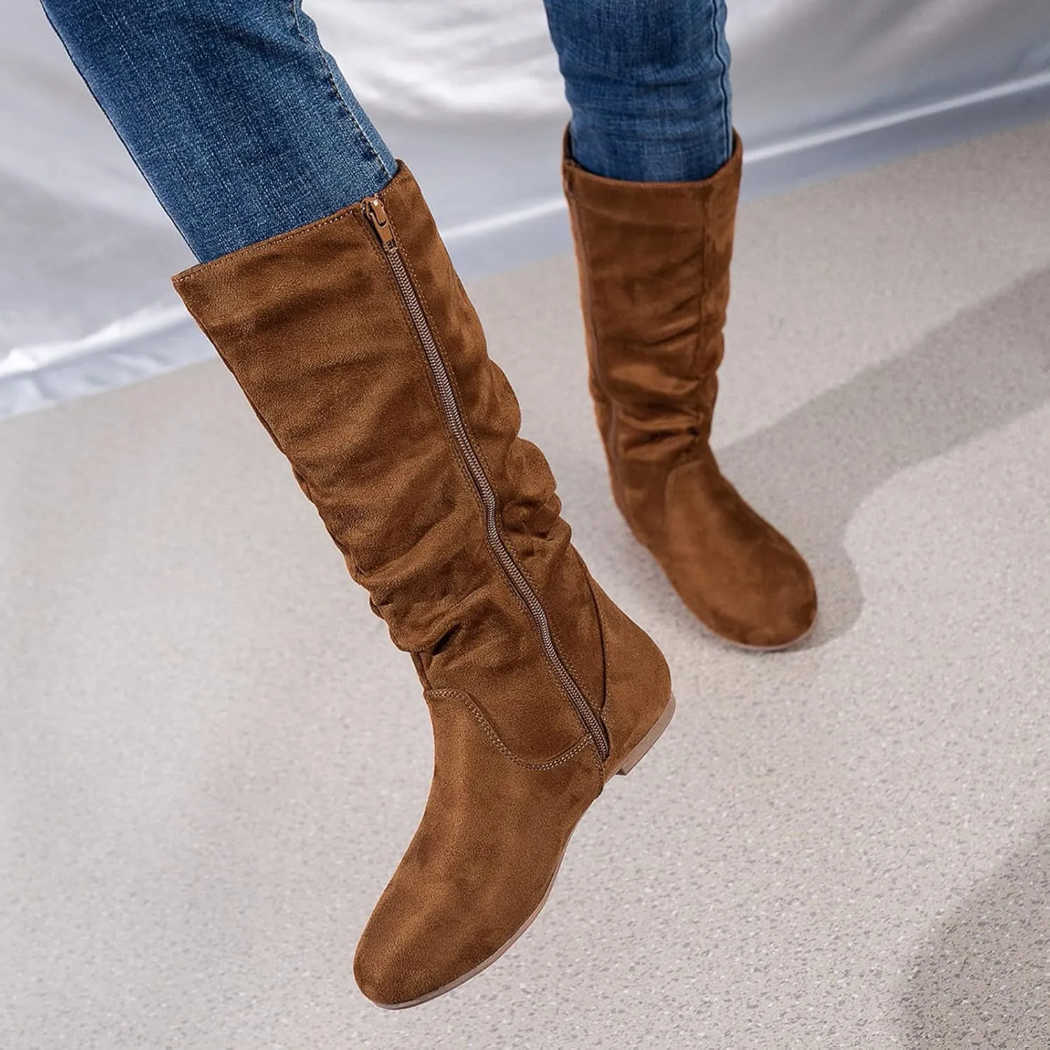 Cowboy Boots For Women Retro Side Zipper Flats Thigh High Boots Pleated Suede Knee High Boots Fall Long Bootie