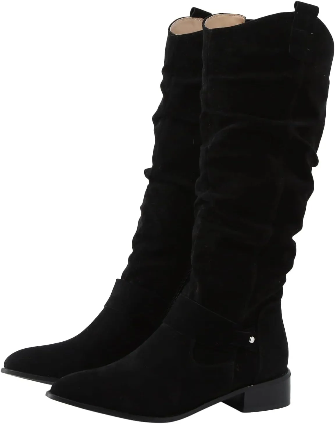 Cowboy Boots For Women Retro Solid Color Thigh High Boots Pleated Suede Chunky Heeled Knee High Cowgirl Boots