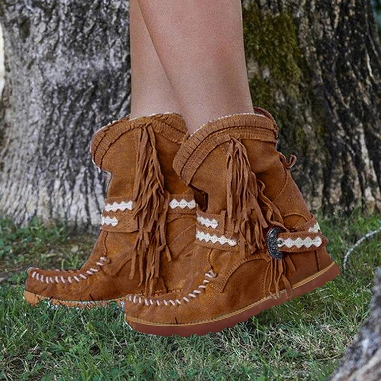 Cowboy Boots For Women Tassel Flat Cowboy Boots Suede Buckle Wedge Cowgirl Western Ankle Booties Ankle Bootie