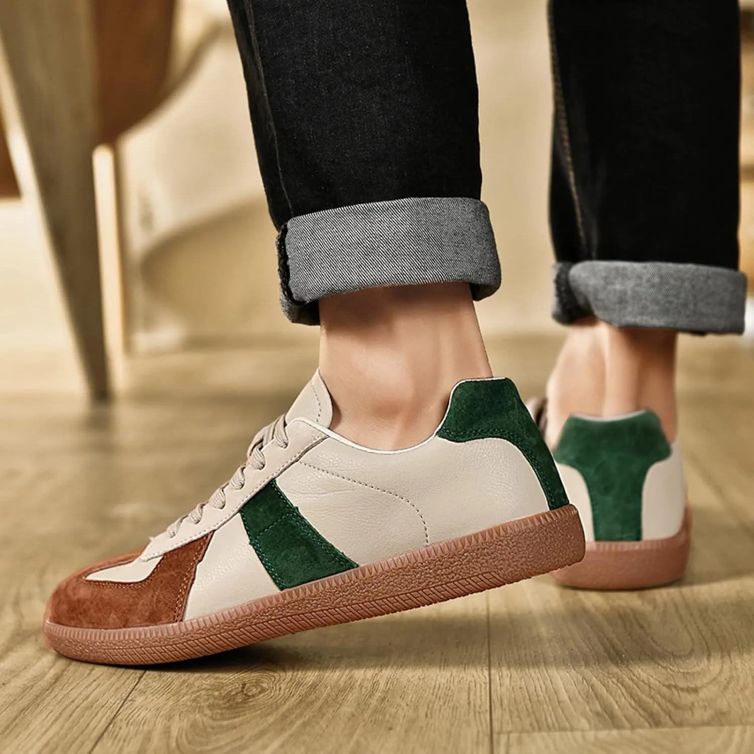 ihinzry Fashion Sneakers Womens Tennis Shoes Genuine Leather Lace Up Casual Shoes Gum Sole Sneakers