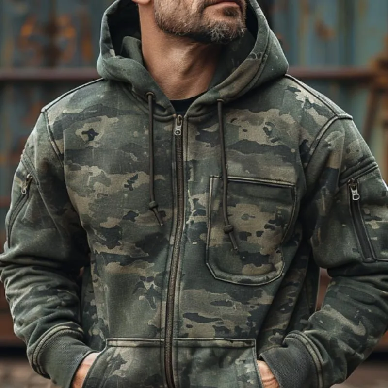 Men's Camouflage Print Chest Pocket Hooded Sweatshirt Jacket 55874843Y