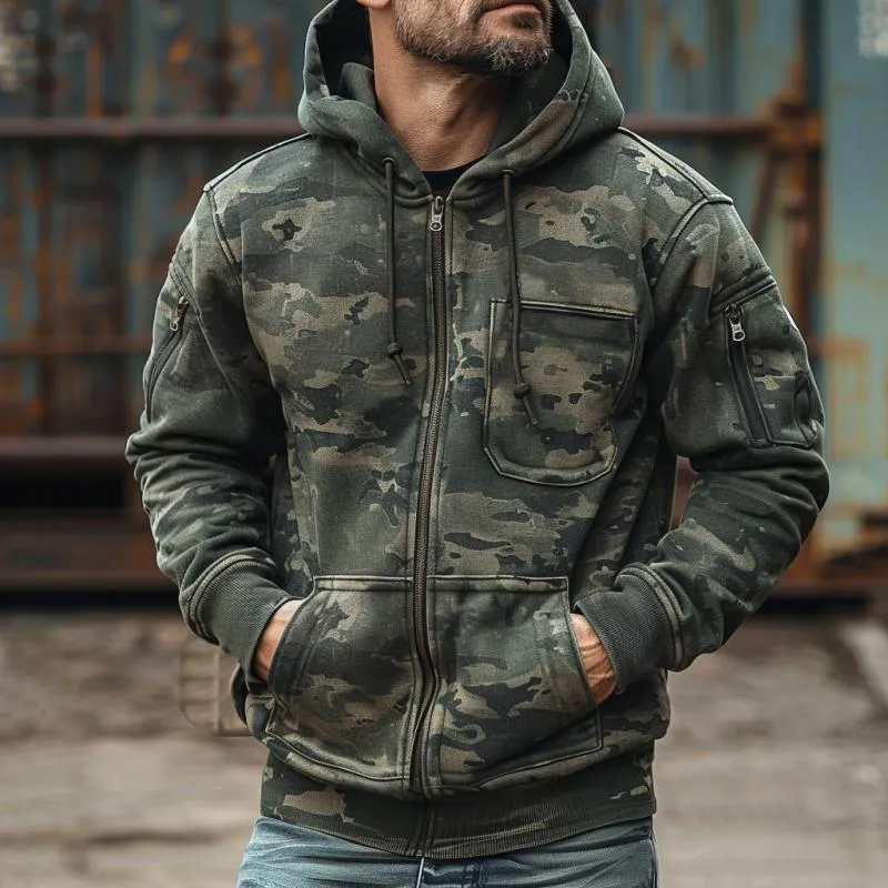 Men's Camouflage Print Chest Pocket Hooded Sweatshirt Jacket 55874843Y