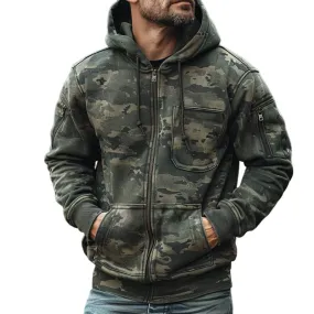 Men's Camouflage Print Chest Pocket Hooded Sweatshirt Jacket 55874843Y