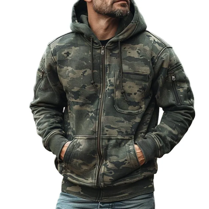 Men's Camouflage Print Chest Pocket Hooded Sweatshirt Jacket 55874843Y