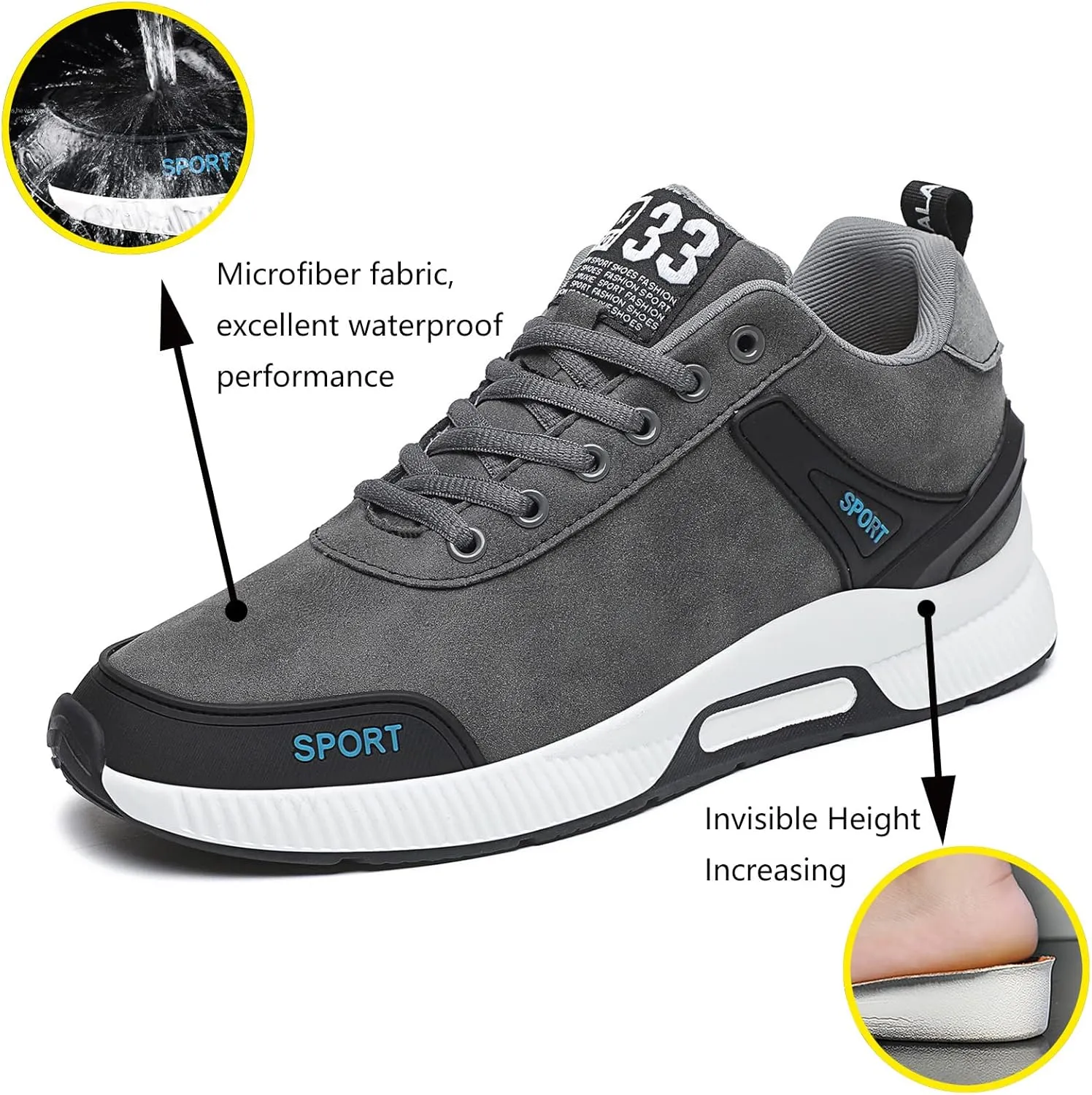 Men's Elevator Sneakers Invisible Height Increasing Leather Upper Lace up Fashion Sneakers