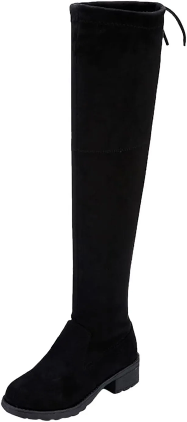 White Cowgirl Boots Strap Back Over Knee Boots Suede Long Boots Comfort Chunky Heels Thigh High Dress Boots